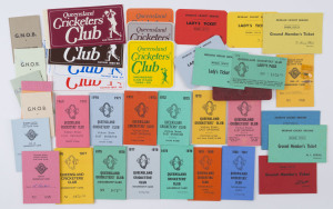 MEMBERSHIP CARDS - QUEENSLAND: with Queensland Cricketers' Club 1969-81 Club Membership Cards (13), 1971-76 Lady's Pass/Tickets (5) & 1983-91 Car Passes (7), Brisbane Cricket Ground 1971-75 Ground Member's Ticket (4); also RUGBY LEAGUE: Grammar North Old Boys 1971-81 Membership Cards (9); mostly fine. (38 items)