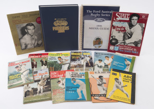 SPORTING LITERATURE: with AUSTRALIAN RULES: Brisbane Lions 'Premiers 2001' book signed by Simon Black; BOXING: programme for the 1971 Empire (Commonwealth) Welterweight title fight between Jeff White (Australia) and Ralph Charles (GB); CRICKET: 'ABC Cricket Book' 1964-75 selection of issues (11); RUGBY LEAGUE: 1983 programme for the first match of Queensland v NSW "State of Origin" series, held at Lang Park, Brisbane; RUGBY UNION: 1995 "The Ford Australia Rugby Series" media guide. (15 items)
