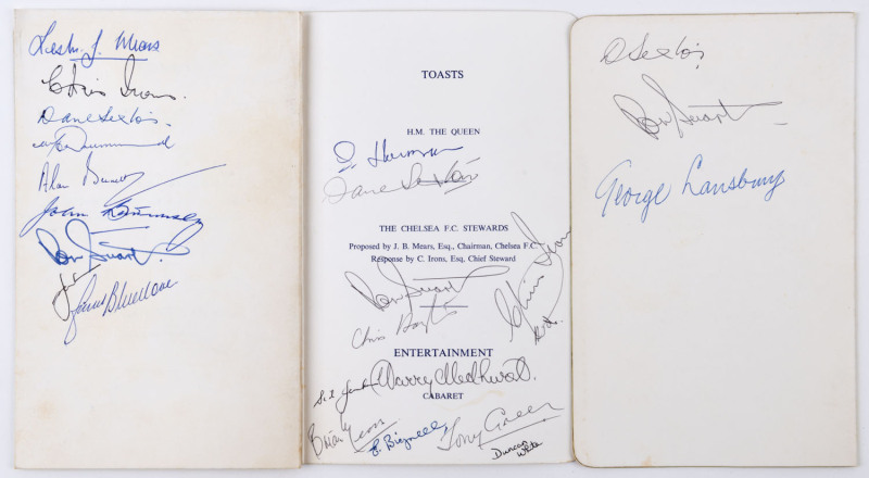 CHELSEA F.C: signed 'Annual Dinner to the Honorary Stewards' programmes for 1969 (8 signatures), 1970 (3 signatures) & 1971 (19 signatures); all are signed by manager Dave Sexton, plus various club stewards, officials or dignitaries. (3 items) Chelsea