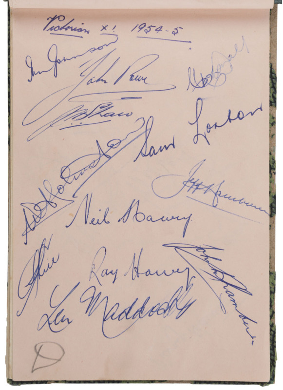 AUTOGRAPH BOOK: with AUSTRALIAN RULES: 1954 Hawthorn FC team including John Kennedy (Vice-Capt), Ted Fletcher (Capt.), John Peck, Allan Woodley, Alf Hughes & Len Crane; 1954 Carlton FC incl. Ken Hands, Bruce Comben, Bob Crowe, George Ferry, Graham Gilchr