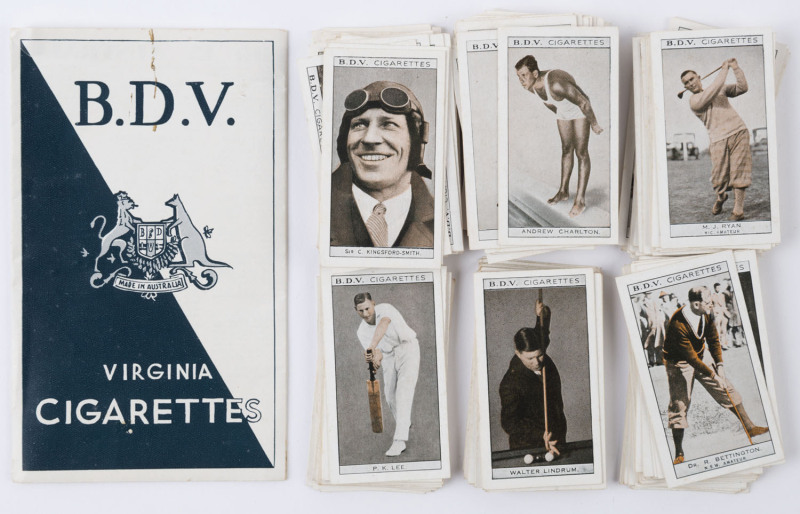 CIGARETTE CARDS: 1933 Godfrey Phillips "Who's Who in Australian Sport" unnumbered series, accumulation including duplicates, (unknown if set is complete, 100 cards were issued), come with promotional BDV leaflet, identifying every card in the series; gene