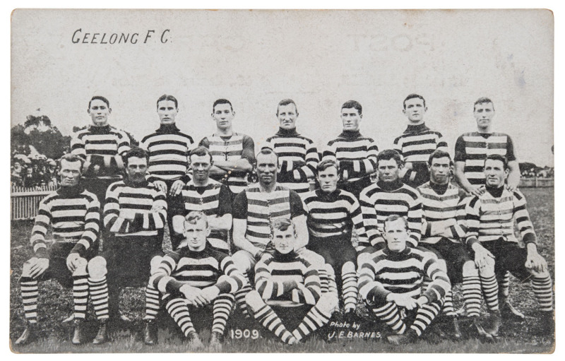 GEELONG F.C. 1909 photographic postcard of the team by J.E. Barnes, Kew. Unused, with printed statement "Issued by Lincoln, Stuart & Co General Outfitters." verso.