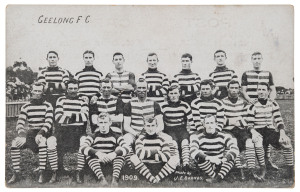 GEELONG F.C. 1909 photographic postcard of the team by J.E. Barnes, Kew. Unused, with printed statement "Issued by Lincoln, Stuart & Co General Outfitters." verso.