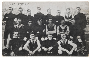 FITZROY F.C. 1909 photographic postcard of the team by J.E. Barnes, Kew. Unused, with printed statement "Issued by Lincoln, Stuart & Co General Outfitters." verso.
