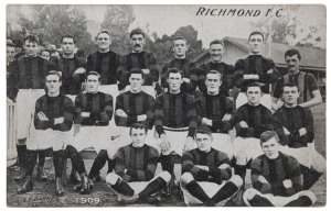 RICHMOND F.C. 1909 photographic postcard of the team by J.E. Barnes, Kew. Unused, with printed statement "Issued by Lincoln, Stuart & Co General Outfitters." verso.