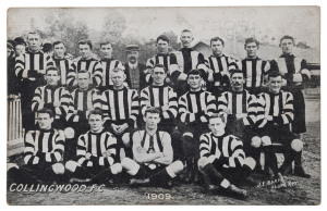 COLLINGWOOD F.C. 1909 photographic postcard of the team by J.E. Barnes, Kew. Unused, with printed statement "Issued by Lincoln, Stuart & Co General Outfitters." verso.