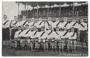 SOUTH MELBOURNE F.C. 1909 photographic postcard of the team by J.E. Barnes, Kew. Unused, with printed statement "Issued by Lincoln, Stuart & Co General Outfitters." verso.