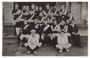 HMAS MELBOURNE FOOTBALL TEAM: c.1914 image real-photo postcard of the ship's football team wearing single-striped guernseys, one crew member in uniform, holding his HMAS MELBOURNE cap in his lap, annotated verso "Taken at Jamaica". The HMAS "Melbourne" & "Sydney carried out alternate patrols of the Caribbean (based in Jamaica) and the North Atlantic off Long Island (based at Halifax, Nova Scotia), between 1915 and 1916 , as part of the North American and West Indies Squadron.