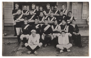 HMAS MELBOURNE FOOTBALL TEAM: c.1914 image real-photo postcard of the ship's football team wearing single-striped guernseys, one crew member in uniform, holding his HMAS MELBOURNE cap in his lap, annotated verso "Taken at Jamaica". The HMAS "Melbourne" &