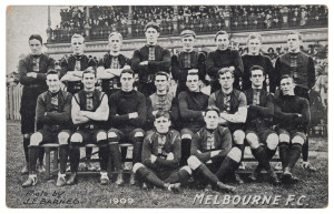 MELBOURNE F.C. 1909 photographic postcard of the team by J.E. Barnes, Kew. Unused, with printed statement "Issued by Lincoln, Stuart & Co General Outfitters." verso.