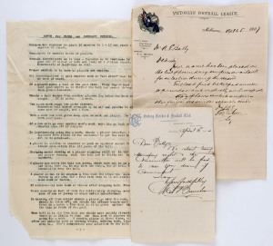 GEELONG: ALFRED EARNEST BATTY (1879 - 1970) played 9 games for Geelong in 1902 and then became a V.F.L. Umpire. A group of original letters to Batty: - April 16, 1904 from CHARLES BROWNLOW, Secretary Geelong Cricket & Football Club, inviting Batty to the first night of training; - April 26, 1906 from E.L. Wilson, Secretary V.F.L. informing Batty that he has "been appointed as one of the boundary umpires in the practice match Geelong v Marylebone; and 4 other items.