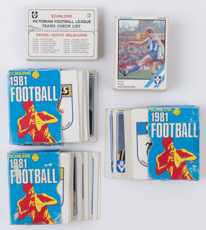 SCANLENS "Footballers": a range comprising the 1981 set (excl. #33 & #40) plus all the Check Lists except Carlton; the 1984 series, 56 player cards plus 6 Checklists, 1978 Checklists (7), 1974 Checklists (5) and several other items.