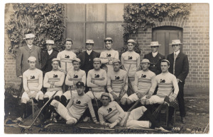 LACROSSE: August 1905 real photo postcard sent from Adelaide to Otago, N.Z., featuring the Western Australian lacrosse team in Adelaide in July 1905. The message reads "Got into Intersate Lacrosee team for W.A. Best game of the lot." Extremely rare.