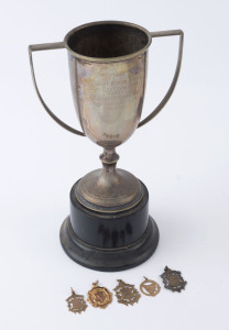 PIGEON RACING: c.1920s-30s group of West Hobart Homing Society medallions, two in 10ct gold, two in 9ct gold, one in sterling silver; also 1931 silver plate trophy awarded for a Cup Race from Ross to Hobart; total weight of the gold medallions 7.3gr. (6 i