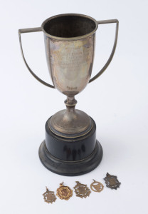 PIGEON RACING: c.1920s-30s group of West Hobart Homing Society medallions, two in 10ct gold, two in 9ct gold, one in sterling silver; also 1931 silver plate trophy awarded for a Cup Race from Ross to Hobart; total weight of the gold medallions 7.3gr. (6 items)