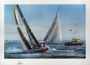 "The 25th Challenge" (America's Cup), limited edition print numbered 346 of 1000, hand signed by artist "Richard Linton 1983", framed & glazed, overall 68x91cm.