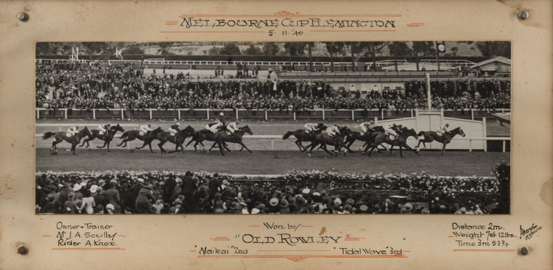 MELBOURNE CUP 1940 winning photograph of "OLD ROWLEY", in original ebonized timber frame, 18 x 49cm, (frame 42 x71cm)