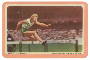 WOOLWORTHS SWAP CARDS: 1956 Olympics set [16, pink borders] with identical Peter Fox images to the previous lot showing Olympic scenes and Australian athletes, corner mount impressions, G/VG.