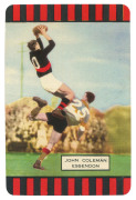 COLES 1954-55 - ESSENDON: group of cards comprising 1954 Series 1 (5), 1954 Series 2 (7) and 1955 Series 3 (6). Included are four of John Coleman (portrait, plus three action images) and two of Bill Hutchison (portrait & action); corner mount impressions,