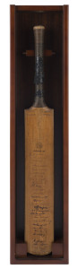 1934 AUSTRALIAN TOUR TO ENGLAND: "B. Warsop" (Marylebone) cricket bat, signed on the front by members by the Australian team (14 signatures) including Bradman, Darling, Grimmett, Ebeling, Woodfull, McCabe, O'Reilly & Ponsford and English team (12 signatures) including Ames, Hammond, Sutlcliffe & Wyatt. Signed on reverse by members of Gloucestershire, Middlesex, Sussex, Lancashire, "Rest XI" & "Players XI (Lords)" teams