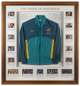 AUSTRALIAN OLYMPIC TEAM JACKET: attractively presented in a framed & glazed display, surrounded by images of all Australia's gold medallists with signatures beneath, limited edition, numbered 15/250; overall 122x130cm.