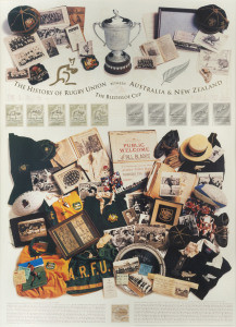 THE BLEDISLOE CUP: "The History of Rugby Union between Australia & New Zealand" commemorative poster with 10 signatures including Ken Catchpole, Mark Ella & David Campese of Australia and Colin Meads, Grant Fox & Sean Fitzpatrick of the All Blacks; limite