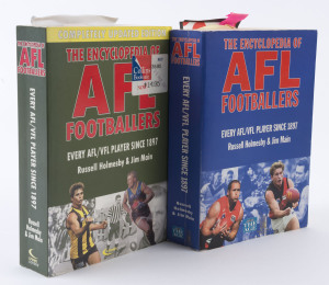 "The Encyclopaedia of AFL Footballers" (1998) by Holmesby & Main listing every AFL/VFL player since 1897 with a number of signatures on the relevant player entry, or on piece, noting Allen Aylett, Peter Bedford, Tommy Hafey, Peter Hudson, John Kennedy Snr, Geoff Leek, Jim Stynes & Greg Williams; also the 2002 edition, again with signatures including Simon Black, Allan Jeans & David Parkin. (2 books)