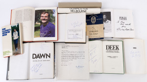BIOGRAPHIES (SIGNED): Selection with AFL/VFL: "Polly Farmer" by Steve Hawke signed by Farmer and 1963 Geelong Premiership player John Watts, "Barassi: The Life Behind the Legend" signed by Barassi, "Jim Stynes: Whatever it Takes" leather bound limited edi