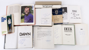 BIOGRAPHIES (SIGNED): Selection with AFL/VFL: "Polly Farmer" by Steve Hawke signed by Farmer and 1963 Geelong Premiership player John Watts, "Barassi: The Life Behind the Legend" signed by Barassi, "Jim Stynes: Whatever it Takes" leather bound limited edition (#840/1000), signed by Stynes; RUNNING: "Deek: The Making of Australia's World Marathon Champion" & "de Castella on Running" both signed by Rob de Castella, "Ron Clarke's Running Book" signed by Clarke;