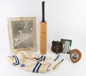 Selection with c.1986-87 miniature cricket signed by English team (on front) incl. Mike Gatting (Capt.), Ian Botham & Allan Lamb and Australian team (verso) incl. Allan Border (Capt.), Steve Waugh, Greg Matthews & Geoff Marsh, another tiny bat with 1982-83 Australian Team facsimile signatures, plus a full-size Slazenger "Bert Oldfield" bat signed by an unknown club team (27 signatures); also NSW cricket jumper (size 46), Australian Legends 'Don Bradman' mounted stamp pack,