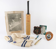 Selection with c.1986-87 miniature cricket signed by English team (on front) incl. Mike Gatting (Capt.), Ian Botham & Allan Lamb and Australian team (verso) incl. Allan Border (Capt.), Steve Waugh, Greg Matthews & Geoff Marsh, another tiny bat with 1982-8