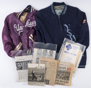 BASEBALL - NEW YORK YANKEES: vintage c.1960s New York Yankees purple satin bomber jacket; also c.1960s NSW woollen zip-up jacket made by Ambrosoli & Thompson (Sydney), plus a lever-arch file with articles and magazine cut-outs relating to 1960s era NSW baseball team. (3 items)