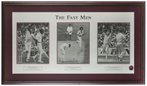 DENNIS LILLEE, JEFF THOMSON & RODNEY HOGG: signatures on "The Fast Men" limited edition print, numbered #1026/2000 with CofA; window mounted, framed & glazed, overall 115x65cm.