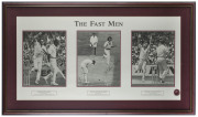 DENNIS LILLEE, JEFF THOMSON & RODNEY HOGG: signatures on "The Fast Men" limited edition print, numbered #1026/2000 with CofA; window mounted, framed & glazed, overall 115x65cm.