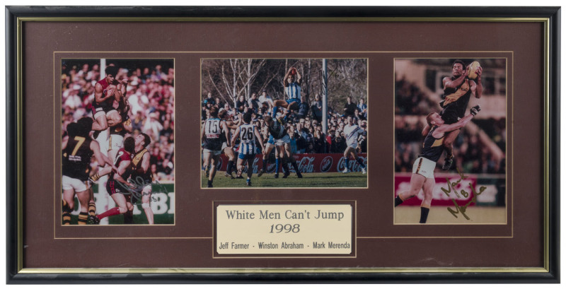 JEFF FARMER, WINSTON ABRAHAM & MARK MERENDA: signatures on "White Men Can't Jump" trio of images, showing each player taking a "speccy", framed and glazed, overall 81x42cm.