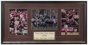JEFF FARMER, WINSTON ABRAHAM & MARK MERENDA: signatures on "White Men Can't Jump" trio of images, showing each player taking a "speccy", framed and glazed, overall 81x42cm.