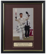 MARK TAYLOR: "200 Down, 134 to Go", signed photo photograph display of Taylor reaching 200, on his way to 334 not out in the Second Test against Pakistan in 1996, equalling the record Test Innings score set by Don Bradman, framed and glazed, overall 32x3