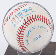BASEBALL - KIRBY PUCKETT: signed baseball on small faux wood presentation stand, "Official Licensee/Major League Baseball" and "All Stars" (retailers) labels on base. - 3