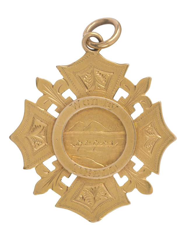 WILLIAMSTOWN ROWING CLUB: 15ct gold Fob Medal awarded to T.Bell for competition in the 1889-90 season, weight 6.50gr.