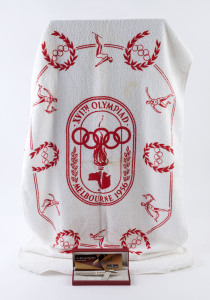 A Melbourne 1956 Olympics souvenir towel, red on white by A.H.Griffiths & Sons, Melb; also a Sheaffer fountain pen with 14k nib