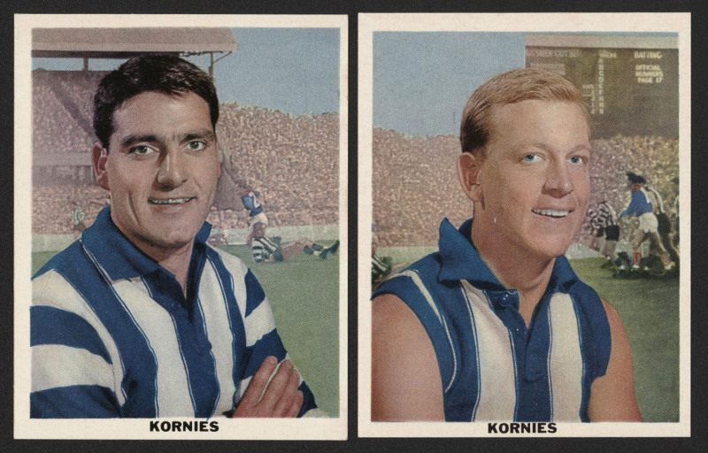 KORNIES 1959 'SCOREBOARD' SERIES - NORTH MELBOURNE: Albert Mantello & Alan Aylett cards 25 & 26 [2/36]; G/VG. (2).