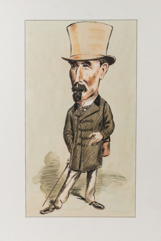 Joseph GREENBERG (1923 - 2007) "Honest" John Tait - Multiple Melbourne Cup Winner (1866 - "The Barb"; 1868 - "Glencoe"; 1871 - "The Pearl"; 1872 - "The Quack"), mixed media on artist card,