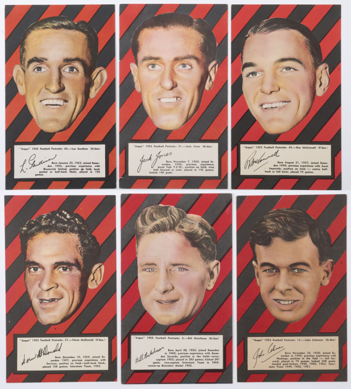 ARGUS 1953 "FOOTBALL PORTRAITS" - ESSENDON: complete set of Essendon players [6] including John Coleman & Norm McDonald, issued as a part of a set of 72 large-sized cards (each 11x19cm); G/VG. (6)