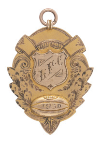 LONGWARRY FOOTBALL CLUB: 1930 Premiership medallion, 9ct gold, engraved verso "Presented to J. FREEMAN..." 5.2gms.