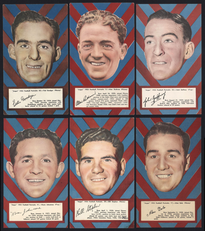 ARGUS 1953 "FOOTBALL PORTRAITS" - FITZROY: complete set of Fitzroy players [6], issued as a part of a set of 72 large-sized cards (each 11x19cm); G/VG. (6)