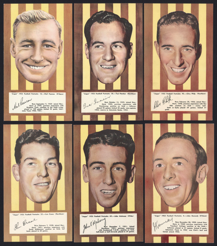 ARGUS 1953 "FOOTBALL PORTRAITS" - HAWTHORN: complete set of Hawthorn players [6] including John Kennedy, issued as a part of a set of 72 large-sized cards (each 11x19cm); G/VG. (6)