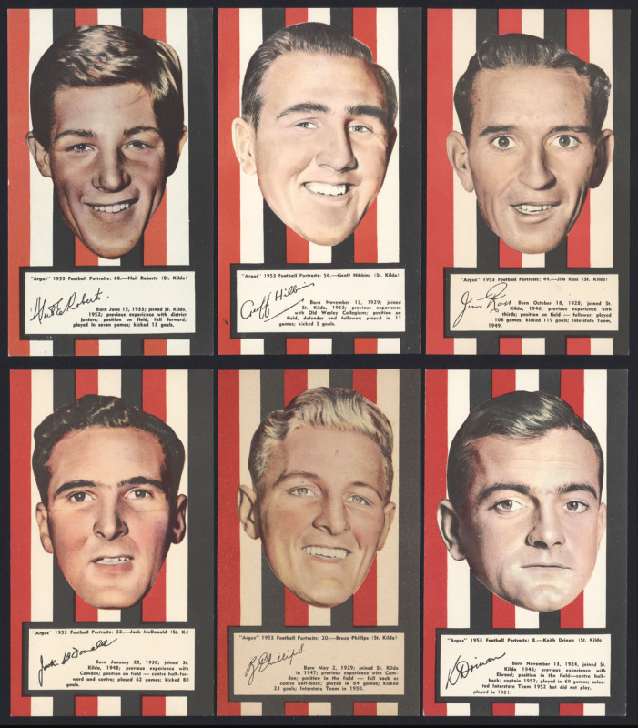 ARGUS 1953 "FOOTBALL PORTRAITS" - ST KILDA: complete set of St Kilda players [6], issued as a part of a set of 72 large-sized cards (each 11x19cm); G/VG. (6)