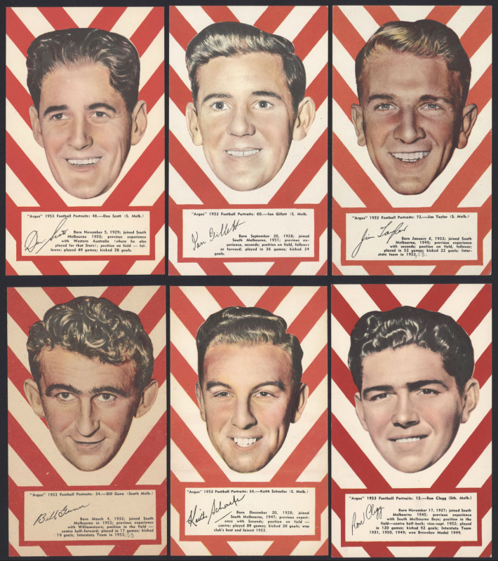 ARGUS 1953 "FOOTBALL PORTRAITS" - SOUTH MELBOURNE: complete set of South Melbourne players [6], issued as a part of a set of 72 large-sized cards (each 11x19cm); G/VG. (6)