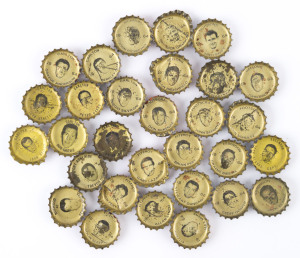 1964 COCA-COLA BOTTLE CAPS: with images of VFL players on inside of cap comprising CARLTON (8) incl. Bob Crowe & Sergio Silvagni, ESSENDON (4) incl. Jack Clarke (Capt.), FITZROY (7, one duplicate), FOOTSCRAY (3, one duplicate), GEELONG (3), RICHMOND (3); also SANFL teams PORT ADELAIDE (1) & NORWOOD (1). (30)