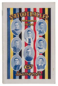 1924 "S.A. FOOTBALLER" Grand Final souvenir edition for Sturt v West Torrens, with gorgeous colour front cover; coupon removed at p.37, otherwise fine condition. West Torrens First Premiership winning 9.12 (66) to 8.10 (58) in front of a crowd of 44,300 at the Adelaide Oval.